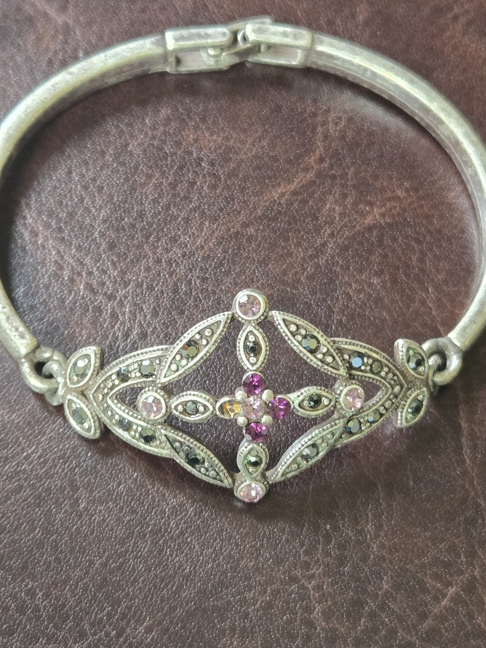 Amethyst & Marcasite Silver Toned Metal Hinged Bracelet 7 Inches #M1